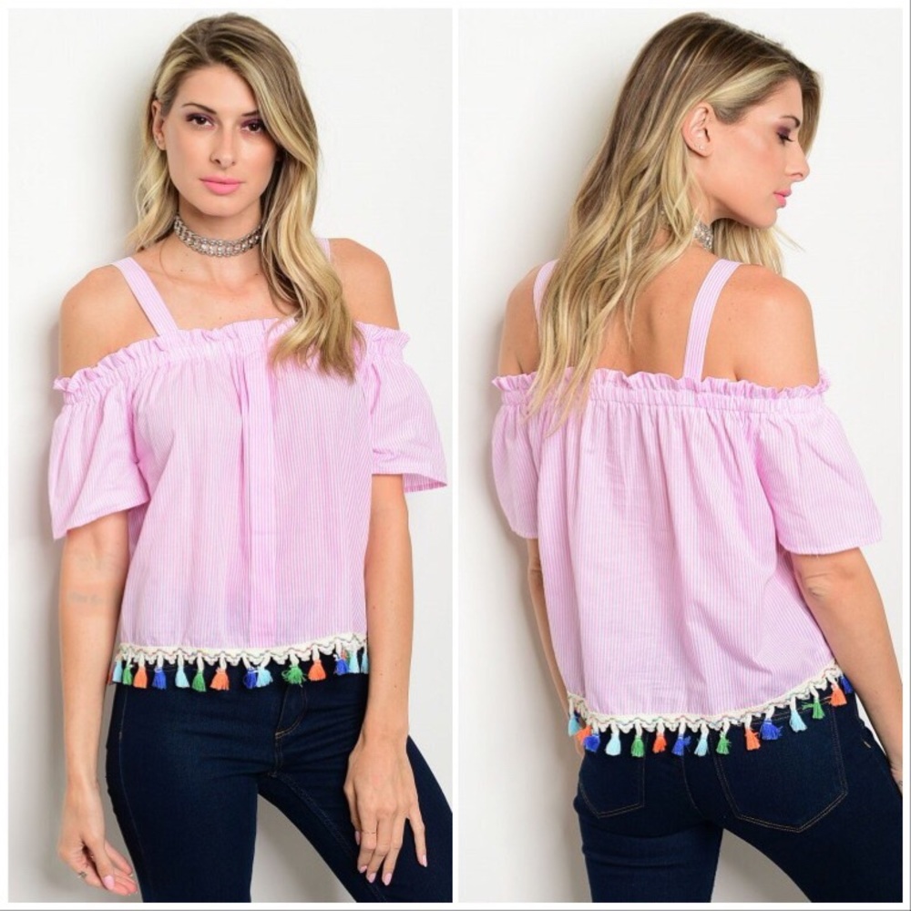 Pink White Off Shoulder Top - Picture 1 of 10